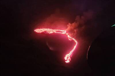 Volcano Erupts in Iceland, Lighting up Night Sky in Crimson Red Near Reykjavik