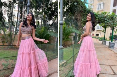 At Siren Trailer Launch, Yuvina Parthavi Radiates Elegance In Her Light Pink Ensemble