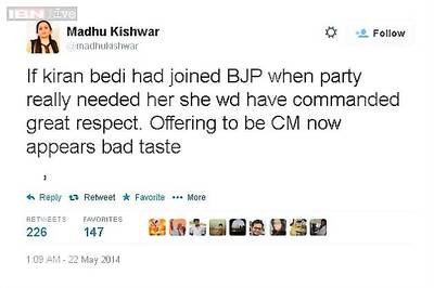 Madhu Kishwar targets wannabe Delhi CM Kiran Bedi