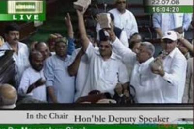 BJP MPs allege SP bribed them, show money in LS