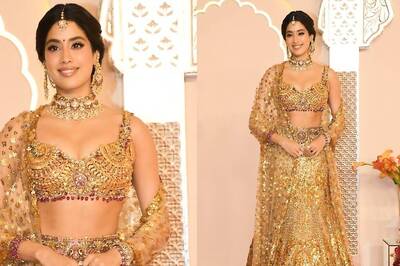 Janhvi Kapoor Shines in Gorgeous Golden Falguni Shane Peacock Lehenga at Anant Ambani-Radhika Merchant Wedding