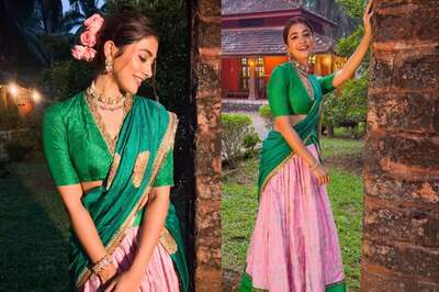 Pooja Hegde Is Festive Ready In Peacock Green And Pink Half-Silk Saree; See Pictures